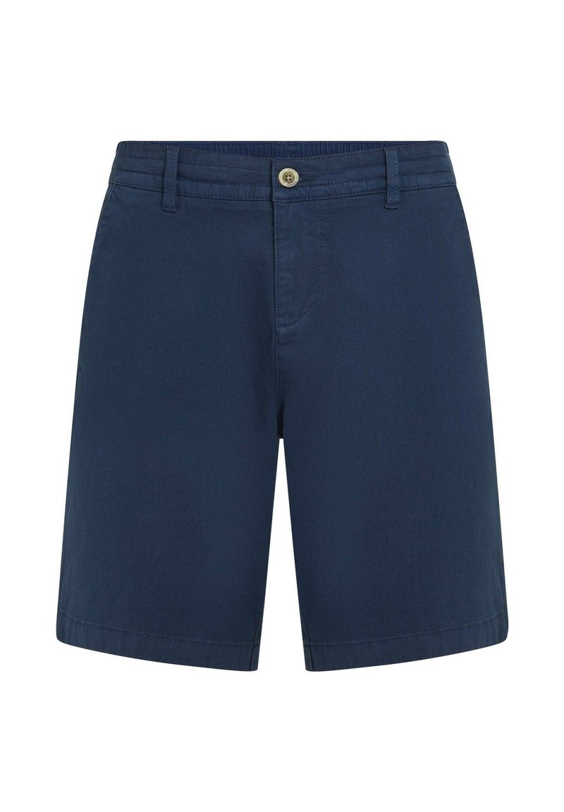 Marineblaue Herren-Shorts aus einem Baumwollgemisch, mit Knopfverschluss, flacher Front und Standardlänge mit Seitentaschen. Glatte Textur.