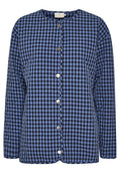Blau-schwarze karierte Langarmjacke mit rundem Ausschnitt und vorderen Druckknöpfen, gesteppten Textur, Größe 38 Etikett sichtbar.