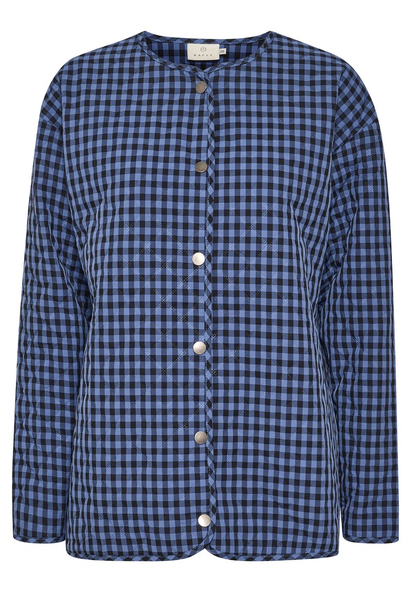 Blau-schwarze karierte Langarmjacke mit rundem Ausschnitt und vorderen Druckknöpfen, gesteppten Textur, Größe 38 Etikett sichtbar.