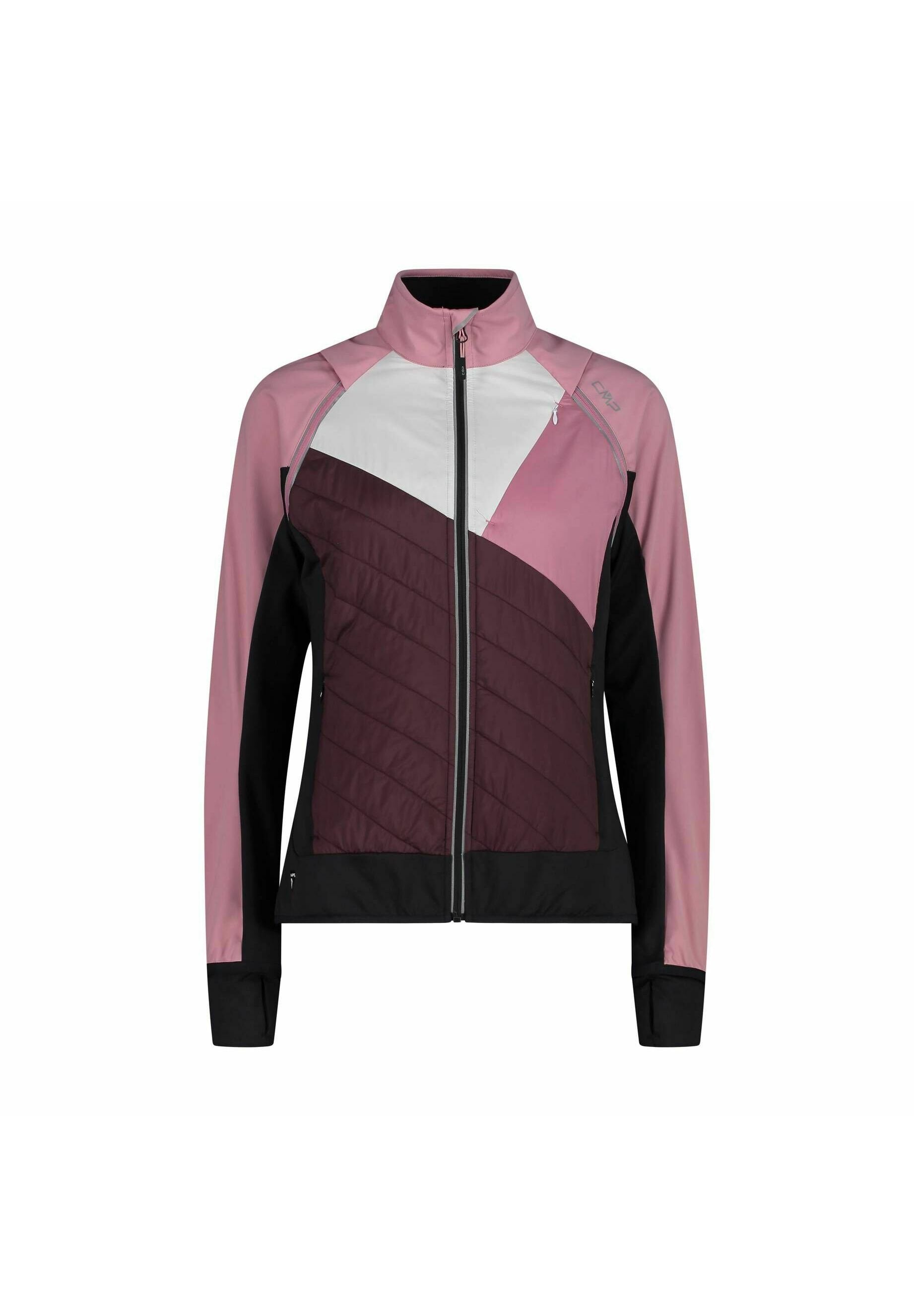 Taillierte Jacke mit einem hohen Kragen, in hellrosa, weiß, dunkelrosa und schwarz in Blockfarben gestaltet. Verfügt über gestepptes Material und einen Reißverschluss.