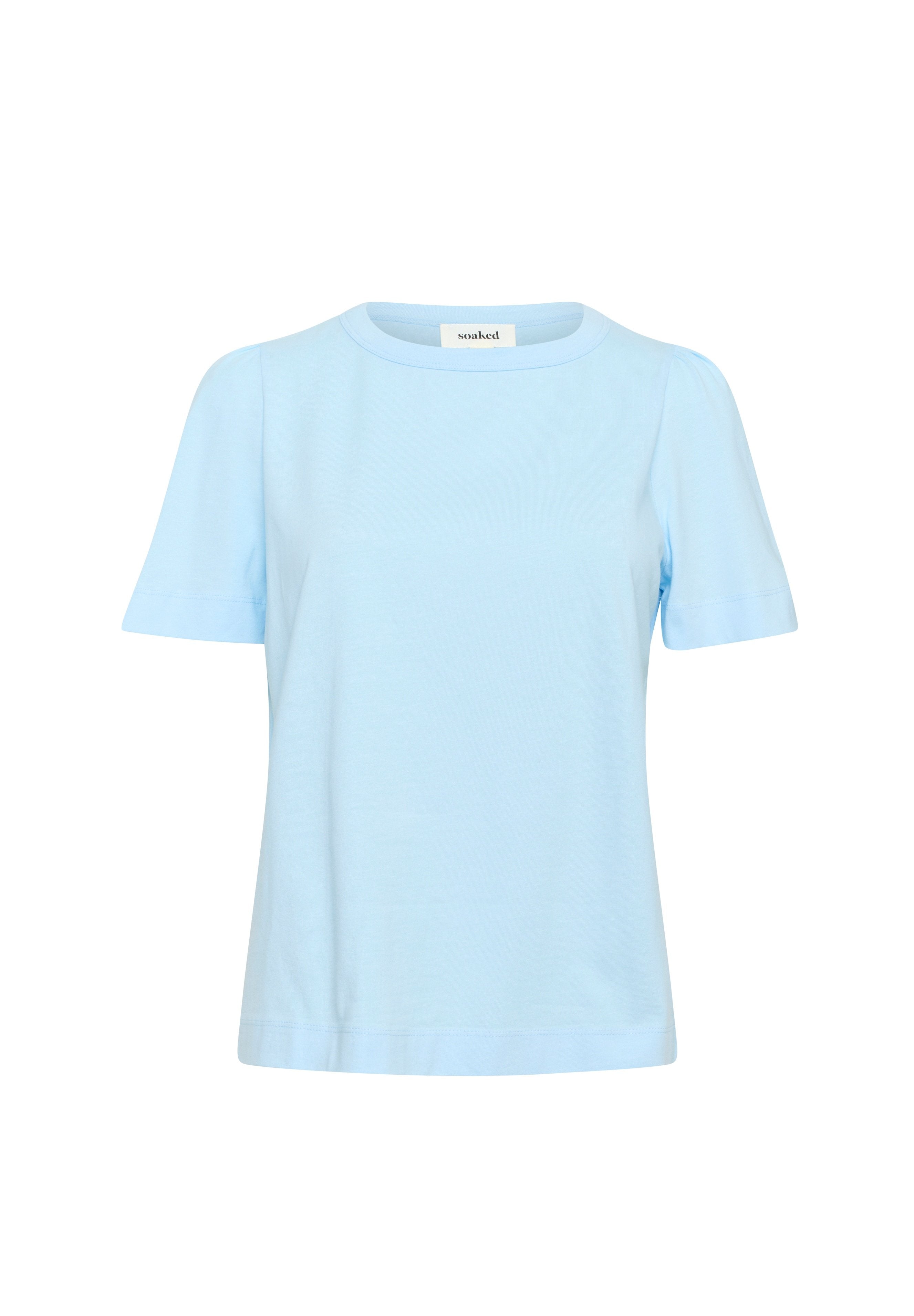 Helles blaues Baumwoll-T-Shirt mit Rundhalsausschnitt, kurzen Ärmeln und geradem Saum. Weiche Textur, keine sichtbaren Muster oder Verzierungen.