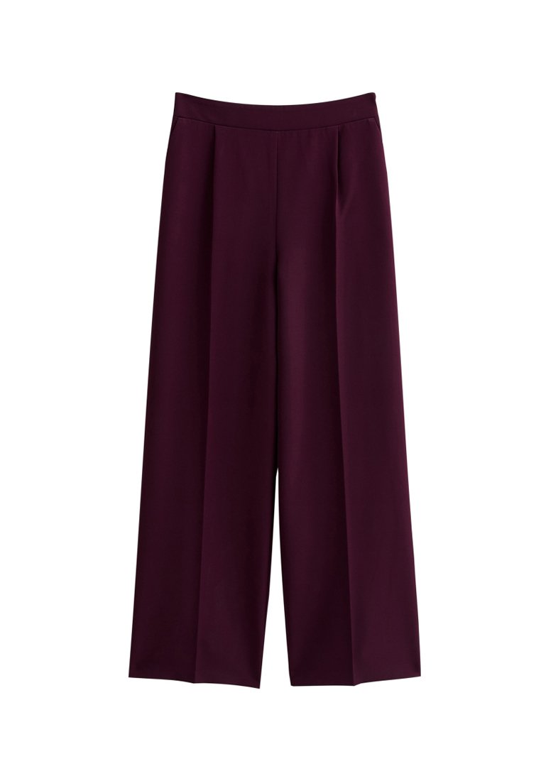 Weit geschnittene Hosen in tiefem Burgunderrot, aus glattem Stoff gefertigt. Mit einem hohen Bund und vorderen Falten für einen strukturierten Look.