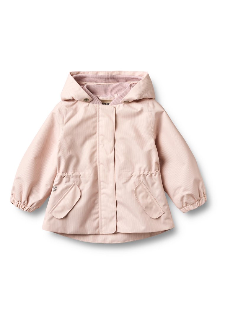 Hellrosa wasserdichte Jacke mit Kapuze, elastischen Bündchen, zwei vorderen Taschen und einer strukturierten Oberfläche. Entwickelt mit einem Druckknopf-Verschluss vorne.