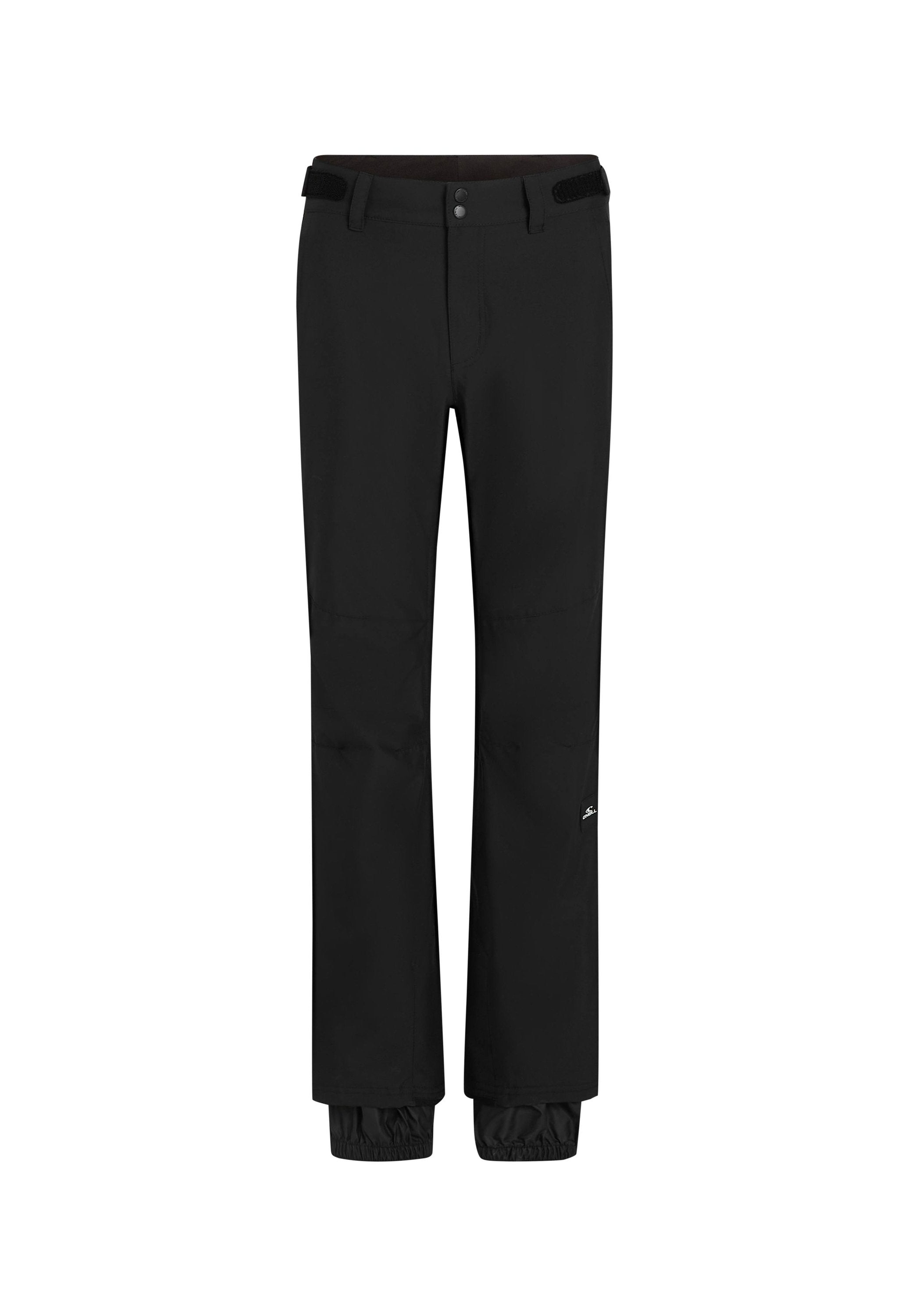 Schwarze Outdoor-Hosen verfügen über einen Standardbund mit einem Gürtel, einen Druckknopfverschluss, elastische Bündchen und ein Logo am Unterschenkel. Leichtes, strapazierfähiges Material.