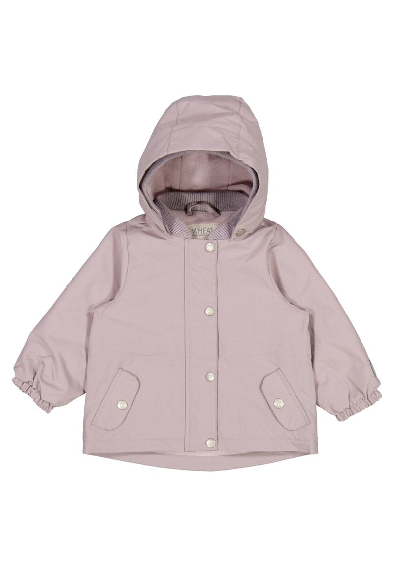 Helle rosa leichte Jacke mit Kapuze, Druckknöpfen, elastischen Bündchen und zwei Vordertaschen. Texturiertes Futter in der Kapuze.