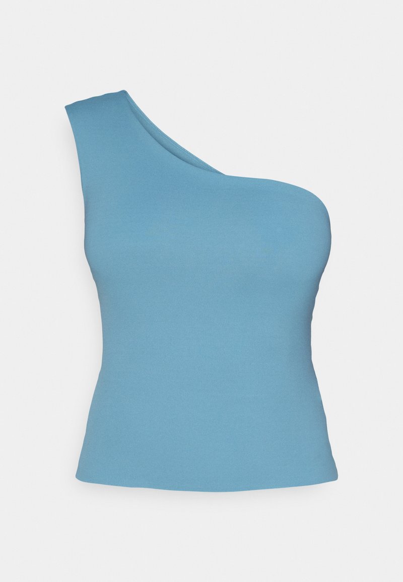 Ein einseitig tragbares Top in Hellblau, aus dehnbarem Stoff. Es verfügt über eine glatte Textur und ein figurbetontes Design, das die Silhouette betont.