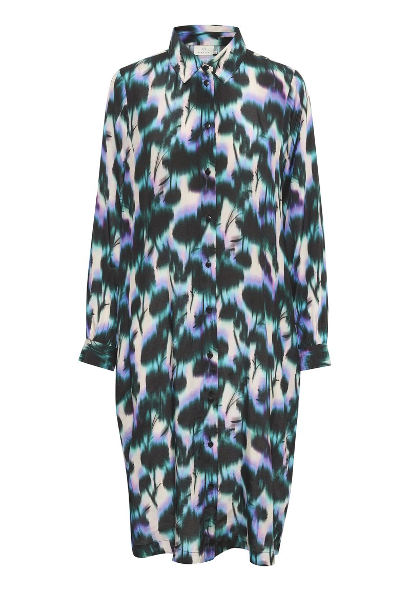 Langarmhemdkleid mit einem abstrakten Muster in Schwarz, Blaugrün und Lila. Verfügt über einen kragenlosen Ausschnitt und eine Vorderknopfverschluss. Weicher Stoff.