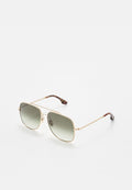 Goldfarbene Metall-Aviator-Sonnenbrille mit grauen Verlaufsgläsern. Bügel mit Schildpattmuster und ein dünnes Rahmendesign.