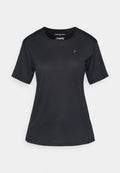 Schwarzes kurzärmeliges Sport-T-Shirt mit Rundhalsausschnitt, dezentem Logo auf der Brust, aus Polartec-Gewebe für Leistung und Langlebigkeit gefertigt.
