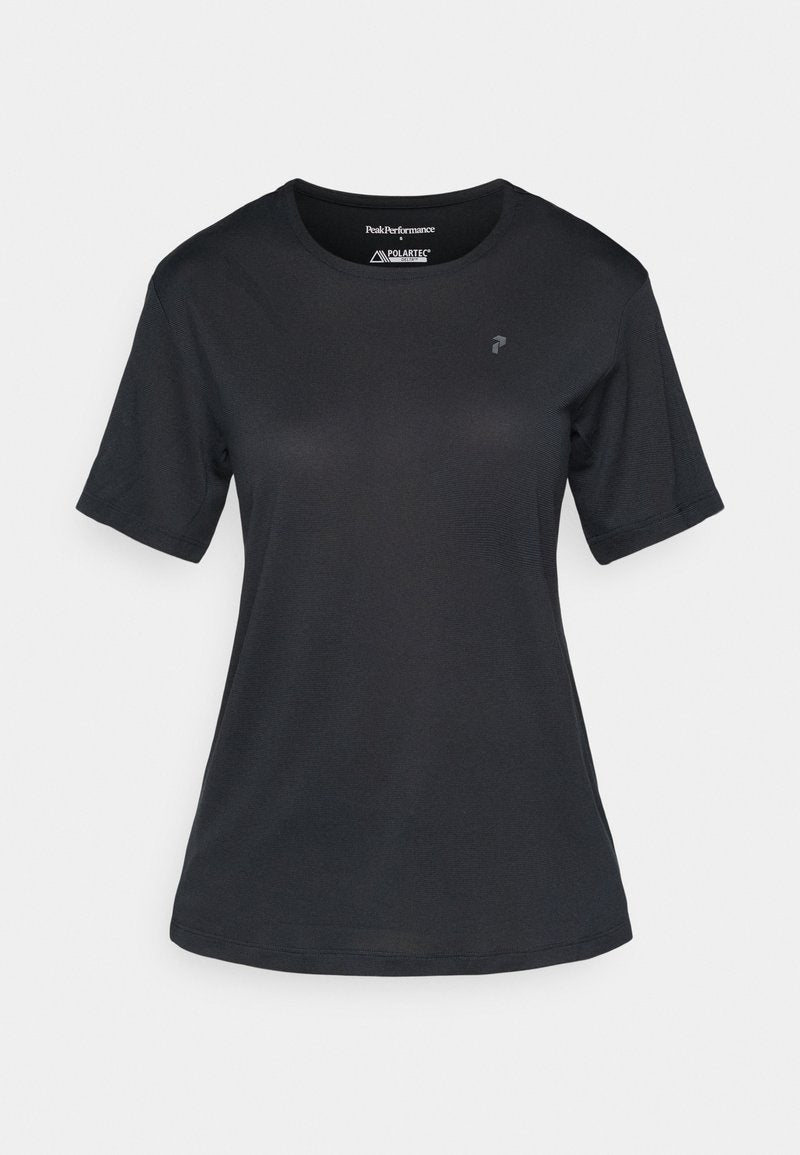 Schwarzes kurzärmeliges Sport-T-Shirt mit Rundhalsausschnitt, dezentem Logo auf der Brust, aus Polartec-Gewebe für Leistung und Langlebigkeit gefertigt.
