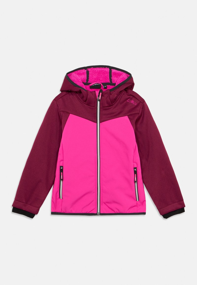 Rosa- und burgunderfarbene Jacke mit Kapuze, weichem Innenfutter, Reißverschlusstaschen und kontrastierenden Bündchen; hergestellt aus einem strukturierten, isolierten Stoff.