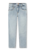 Hellblaue Denim-Jeans mit regulärer Passform. Verfügt über Vorder- und Hintertaschen, Gürtelschlaufen und Stickereien entlang der Nähte.