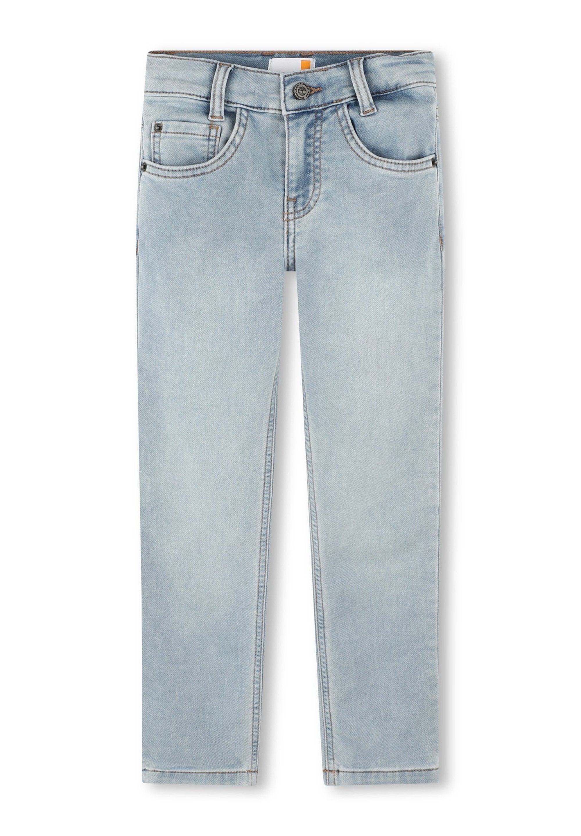 Hellblaue Denim-Jeans mit regulärer Passform. Verfügt über Vorder- und Hintertaschen, Gürtelschlaufen und Stickereien entlang der Nähte.