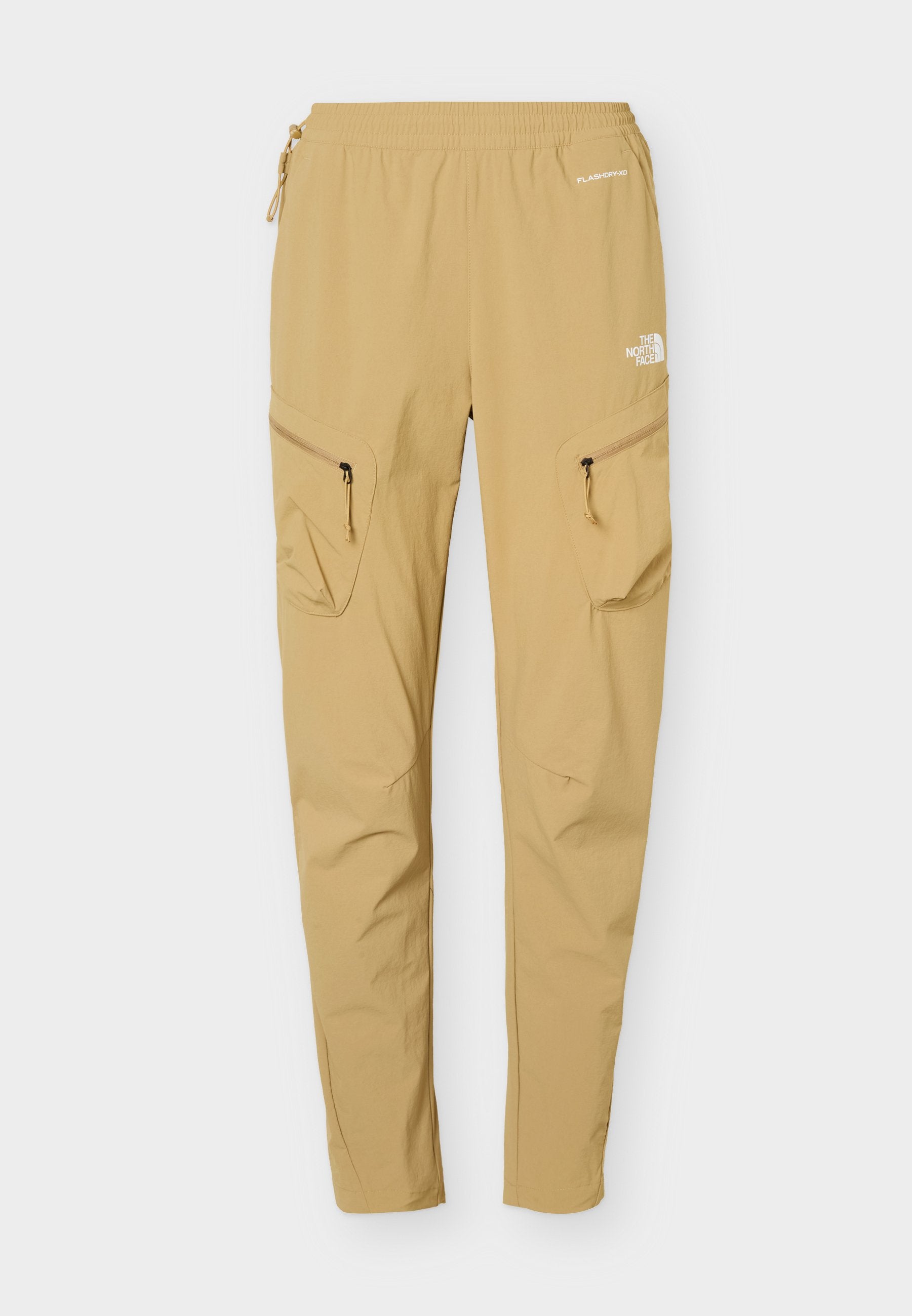 Beige leichte Wanderhose mit elastischem Bund, Reißverschlusstaschen an den Seiten und The North Face Logo am rechten Oberschenkel und oben links.