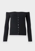 Schwarzer, gerippter Schulterfreier Cardigan mit langen Ärmeln und durchgehender Knopfleiste. Verfügt über sechs schwarze Knöpfe entlang der Mitte.