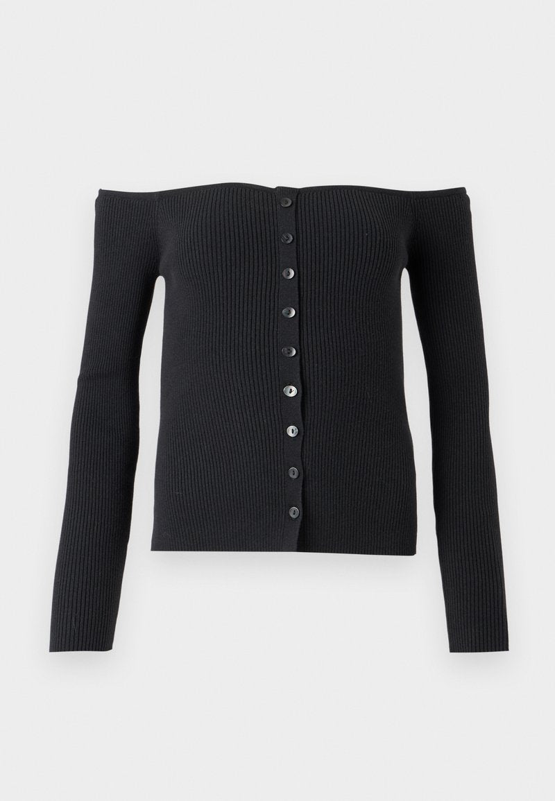 Schwarzer, gerippter Schulterfreier Cardigan mit langen Ärmeln und durchgehender Knopfleiste. Verfügt über sechs schwarze Knöpfe entlang der Mitte.