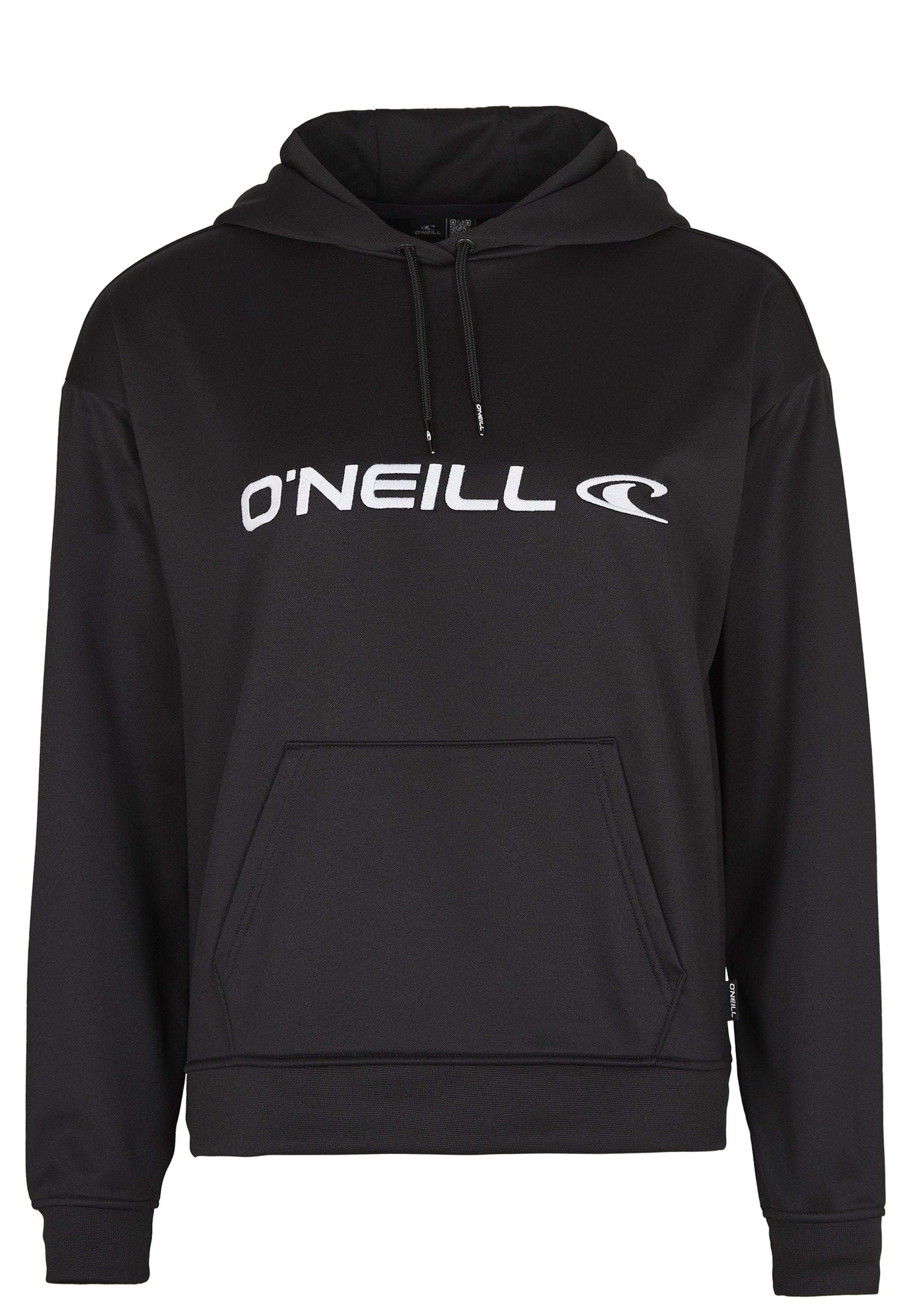 Schwarzer Kapuzenpullover mit einer Vordertasche, Kordelzug und weißem "O'NEILL"-Logo. Hergestellt aus glattem, weichem Stoff mit gerippten Bündchen.