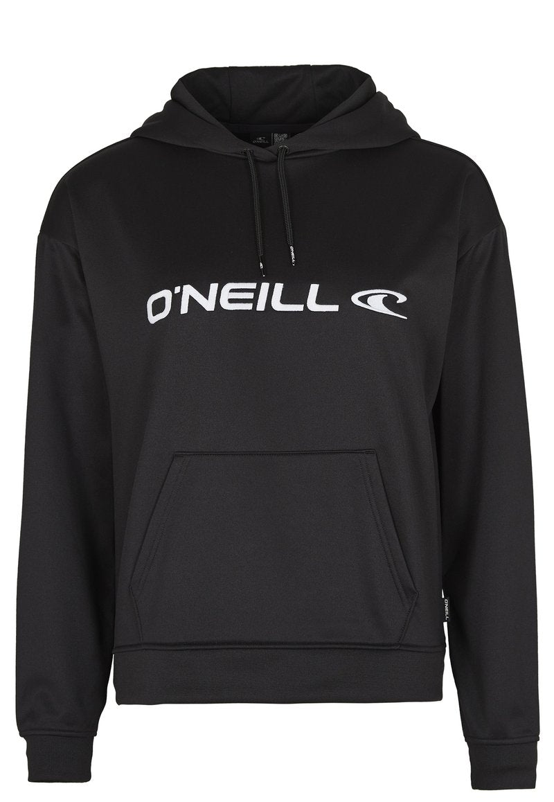 Schwarzer Kapuzenpullover mit einer Vordertasche, Kordelzug und weißem "O'NEILL"-Logo. Hergestellt aus glattem, weichem Stoff mit gerippten Bündchen.