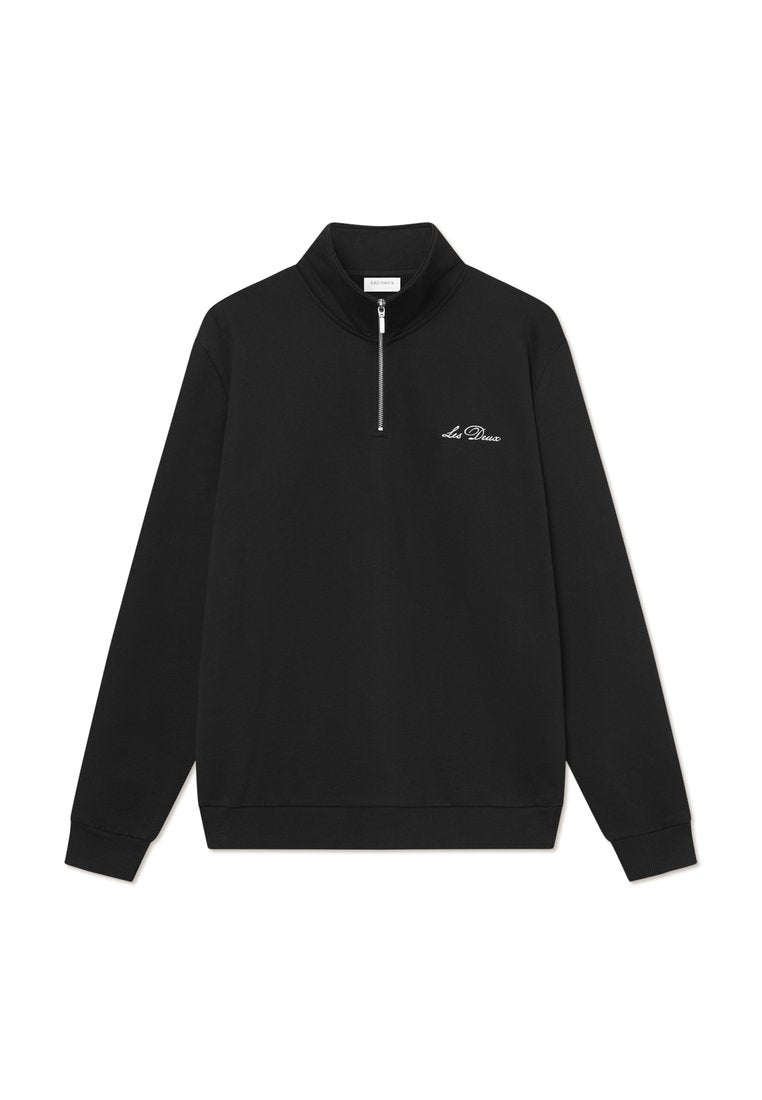 Schwarzer Sweatshirt mit hohem Kragen und kurzem Reißverschluss. Mit gesticktem Logo auf der linken Brust sowie gerippten Bündchen und Saum.