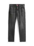 Dunkelgraue Denim-Jeans mit geradem Bein, fünf Taschen, Metallknopfverschluss und gesticktem Logo am Bündchen.