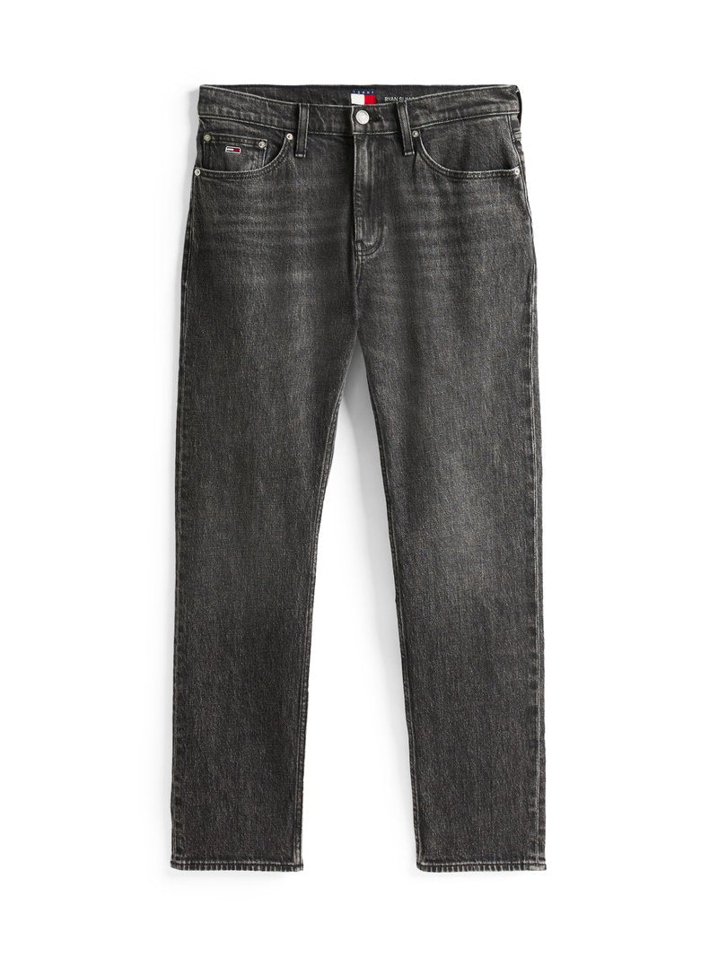 Dunkelgraue Denim-Jeans mit geradem Bein, fünf Taschen, Metallknopfverschluss und gesticktem Logo am Bündchen.