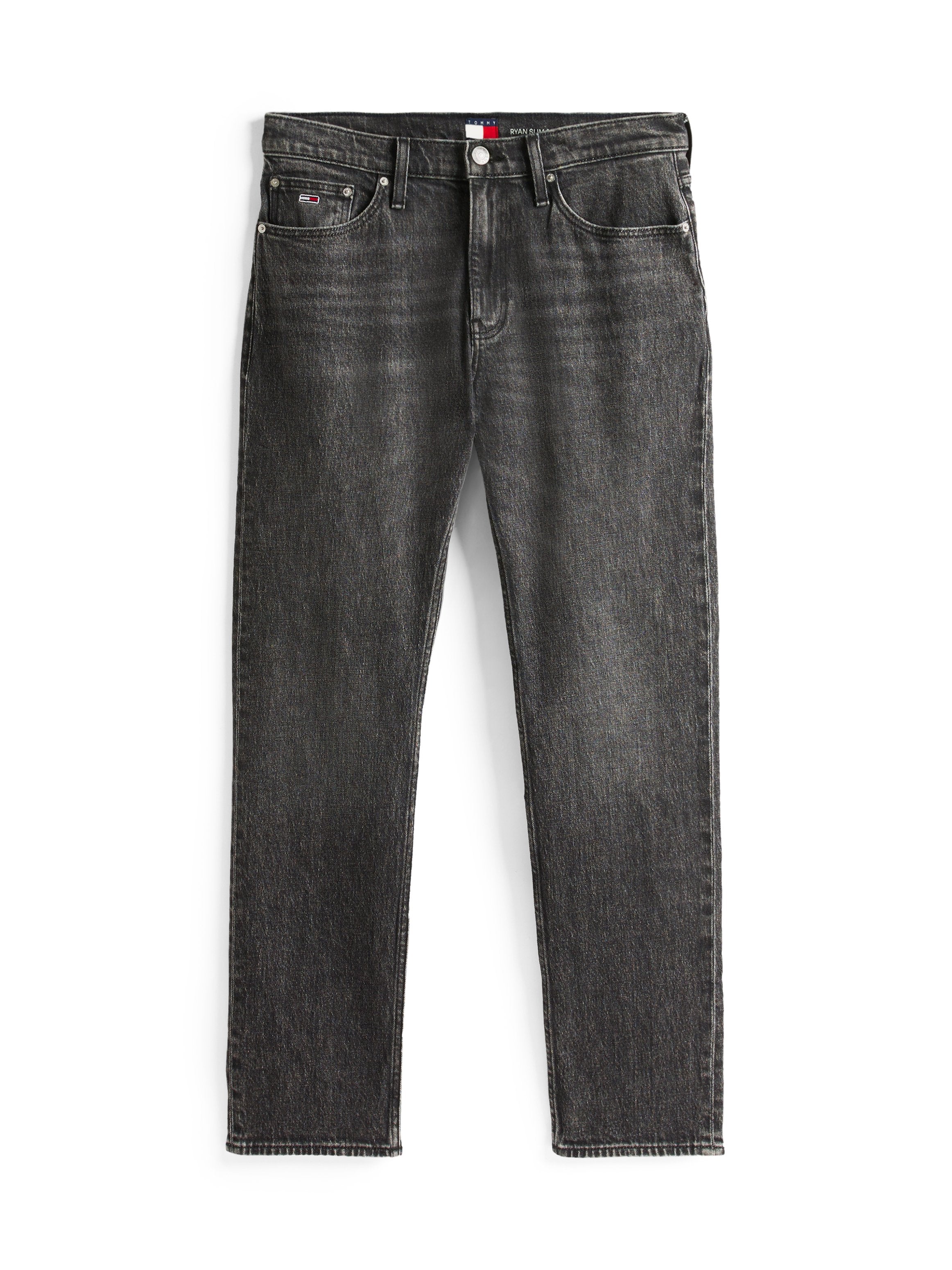 Dunkelgraue Denim-Jeans mit geradem Bein, fünf Taschen, Metallknopfverschluss und gesticktem Logo am Bündchen.