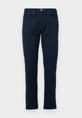 Navyblaue Baumwollhosen mit schlanker Passform, fünf Taschen und metallischen Hardwaredetails an der Taille und den Taschen. Glatte Textur und minimalistisches Design.