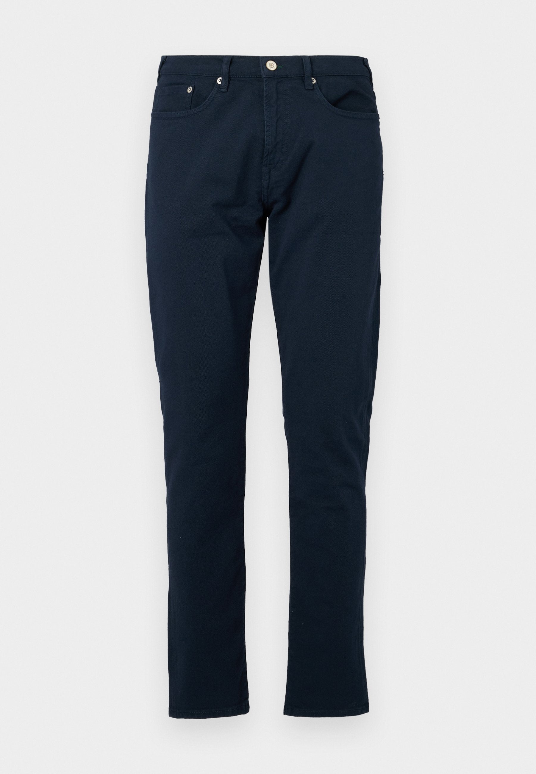 Navyblaue Baumwollhosen mit schlanker Passform, fünf Taschen und metallischen Hardwaredetails an der Taille und den Taschen. Glatte Textur und minimalistisches Design.
