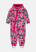 Wasserfester Overall mit Blumenmuster in Marineblau, Pink und Weiß. Verfügt über eine Kapuze, einen Reißverschluss vorne, elastische Bündchen und Schuhriemen für einen sicheren Sitz.
