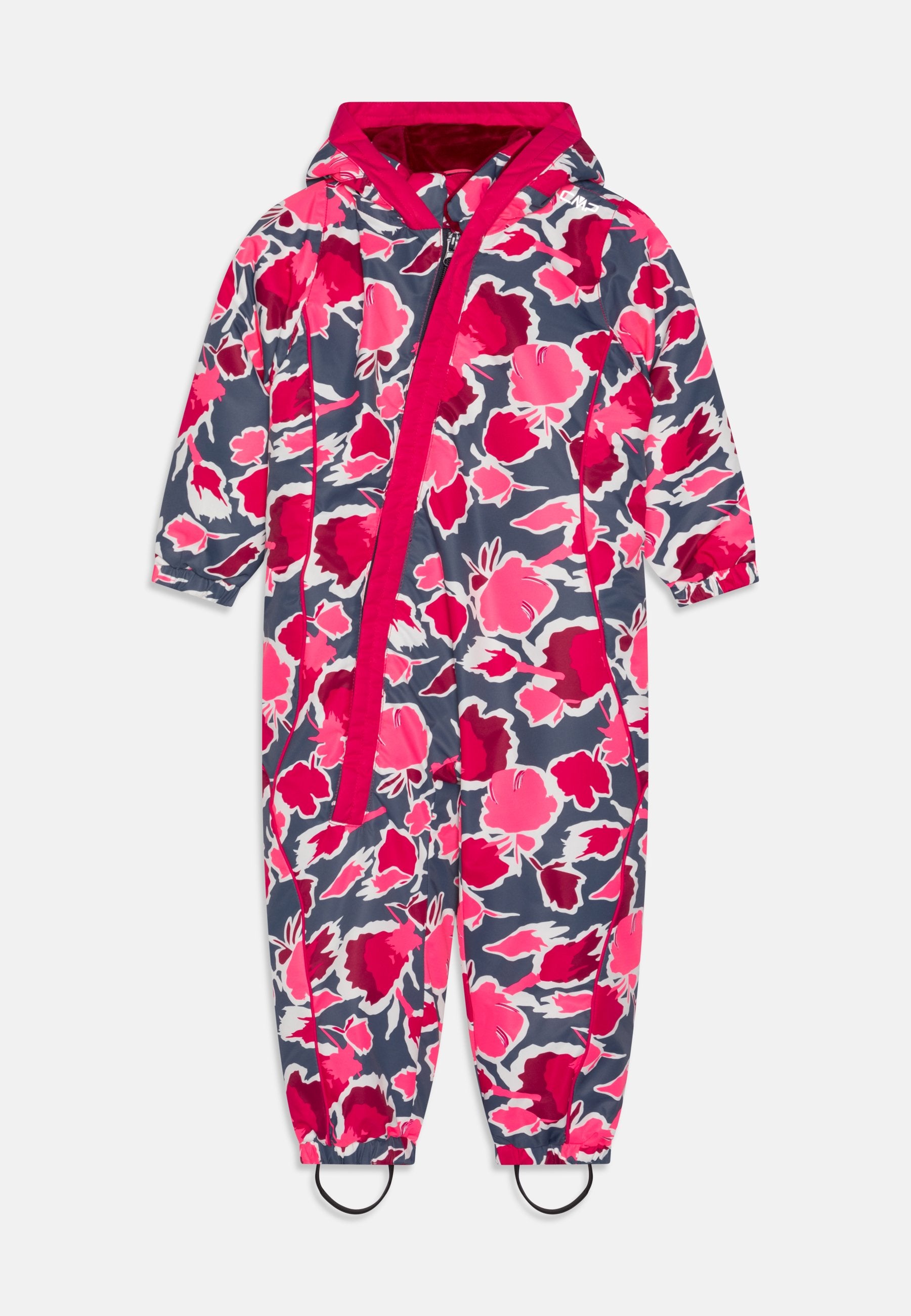 Wasserfester Overall mit Blumenmuster in Marineblau, Pink und Weiß. Verfügt über eine Kapuze, einen Reißverschluss vorne, elastische Bündchen und Schuhriemen für einen sicheren Sitz.