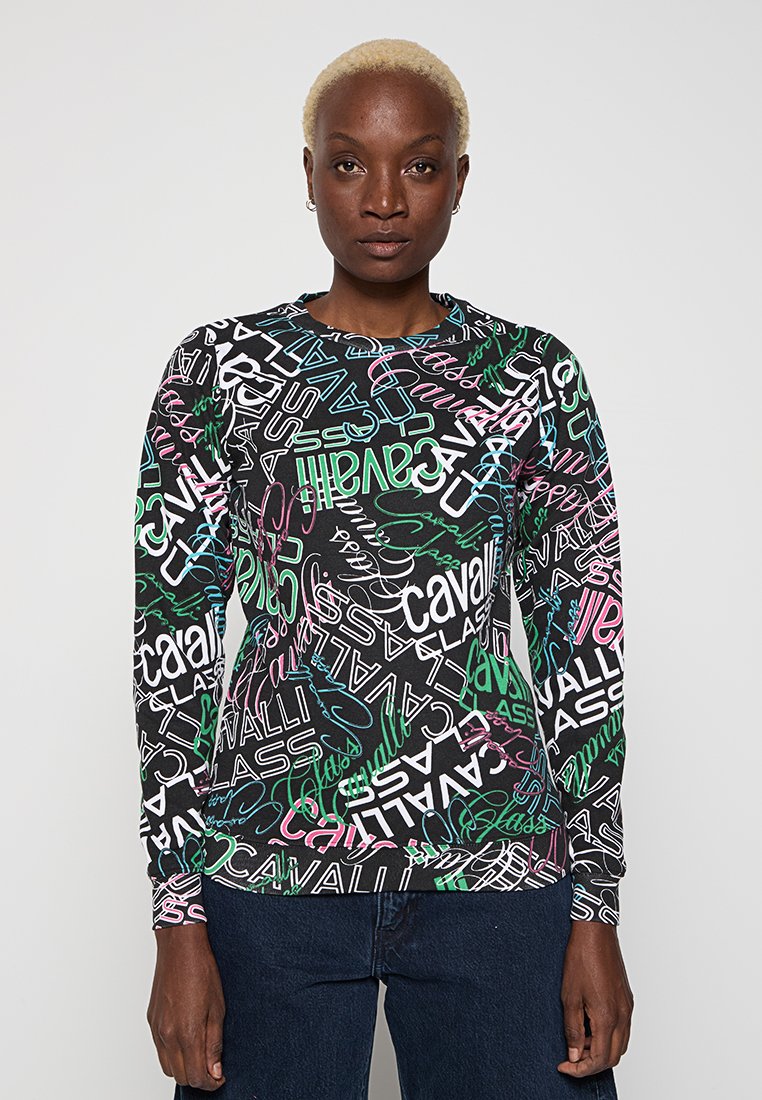 Langarm-Sweatshirt in Schwarz mit mehrfarbigen, abstrakten Textmustern in Weiß, Grün, Pink und Blau. Aus Baumwollmaterial mit Rundhalsausschnitt.
