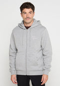 Grau zip-up Hoodie aus Baumwollmischung mit Kapuze mit Kordelzug, Kängurutaschen und einem kleinen gestickten Logo auf der Brust.