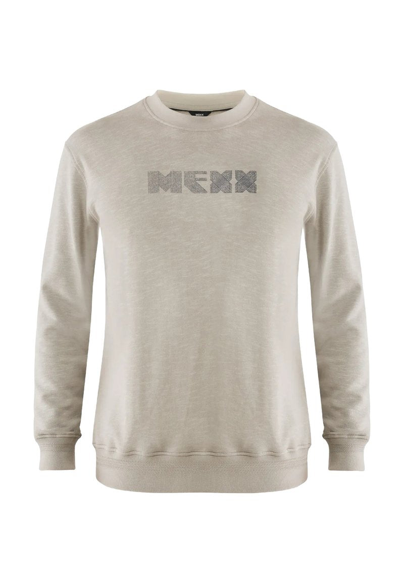 Helles beiges Sweatshirt aus weichem Stoff, mit langen Ärmeln und Rundhalsausschnitt. Die Vorderseite zeigt das "MEXX"-Logo in strukturiertem Grau.