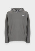 Grauer Fleece-Kapuzenpullover mit Fronttasche, verstellbarem Kordelzug an der Kapuze und kleinem weißem Logo auf der linken Brustseite.