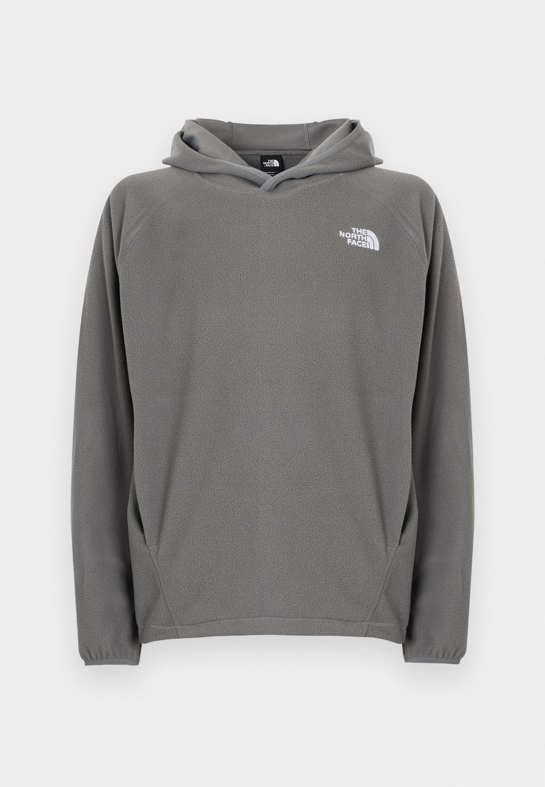 Grauer Fleece-Kapuzenpullover mit Fronttasche, verstellbarem Kordelzug an der Kapuze und kleinem weißem Logo auf der linken Brustseite.