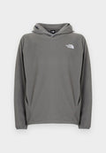 Grauer Fleece-Kapuzenpullover mit Fronttasche, verstellbarem Kordelzug an der Kapuze und kleinem weißem Logo auf der linken Brustseite.
