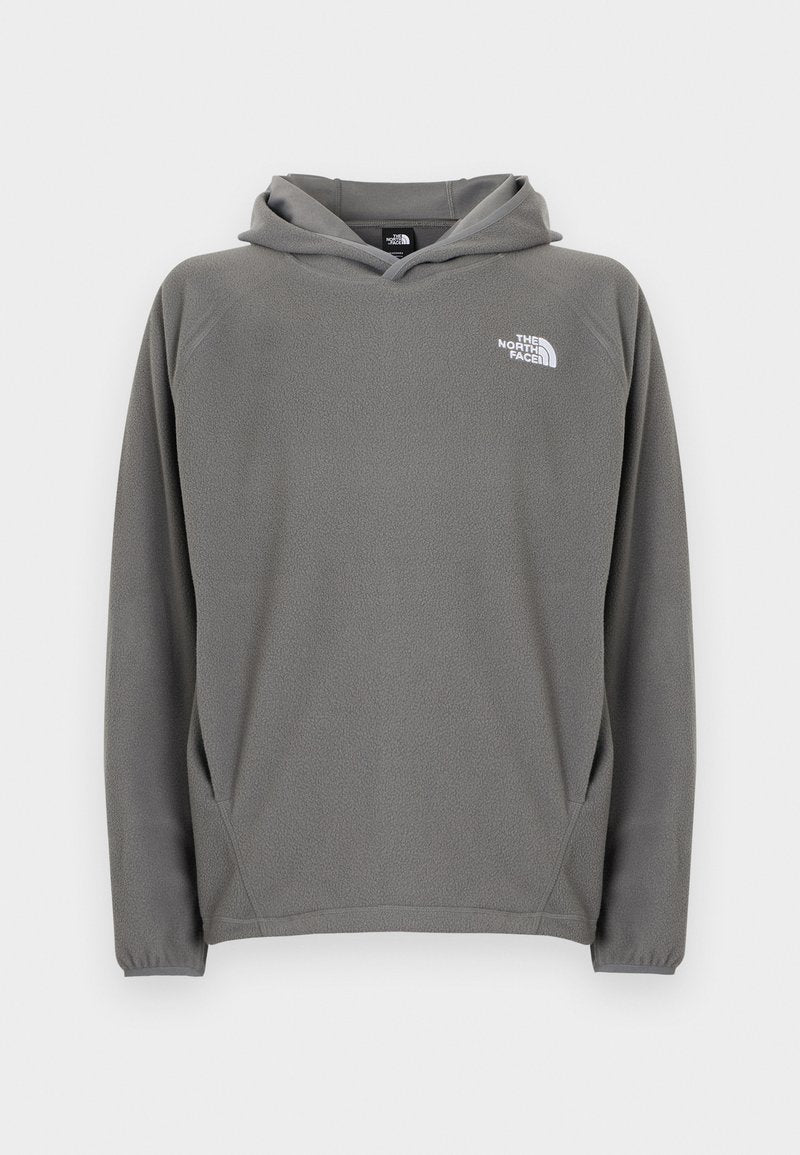 Grauer Fleece-Kapuzenpullover mit Fronttasche, verstellbarem Kordelzug an der Kapuze und kleinem weißem Logo auf der linken Brustseite.