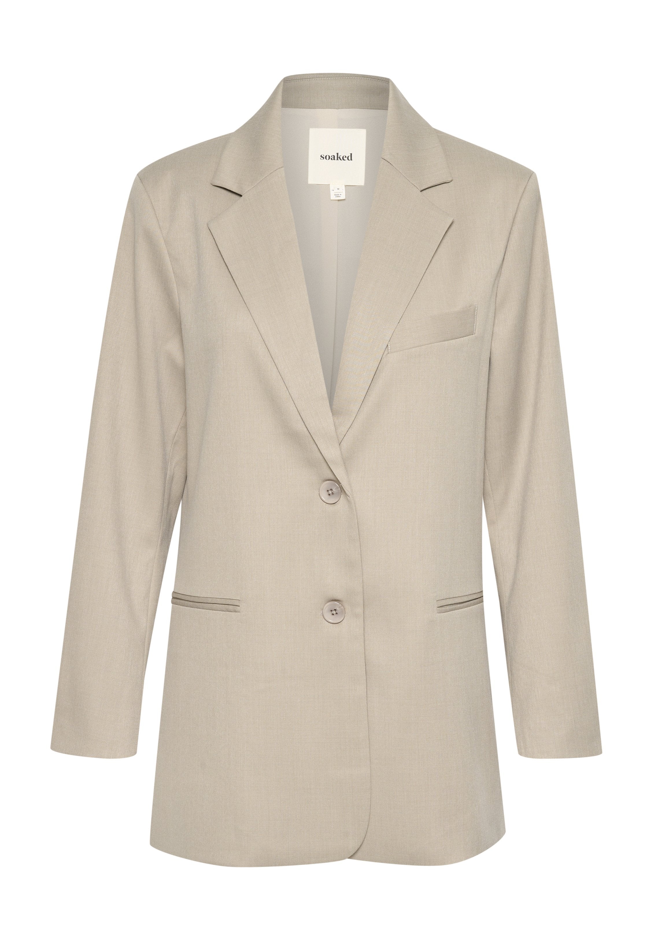 Helle beige Blazer mit Reverskragen, einreihigem Knopfverschluss, zwei Vordertaschen und einer subtilen Textur. Enthält ein Detail mit einer linken Brusttasche.