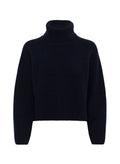 Marineblauer Rollkragenpullover mit geripptem Design, kurzer Länge und Raglanärmeln. Weiches Material und einfarbiges Design.