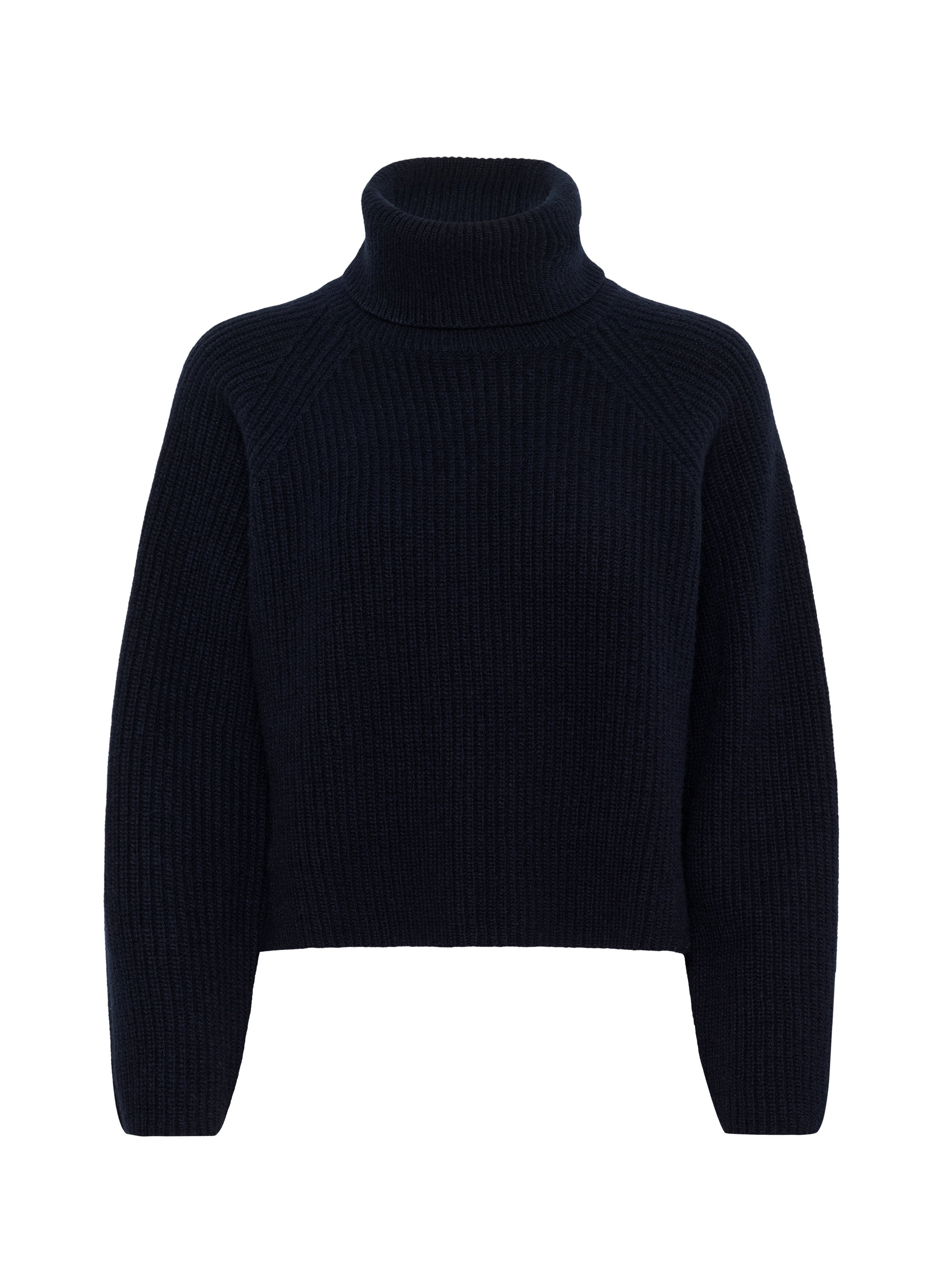 Marineblauer Rollkragenpullover mit geripptem Design, kurzer Länge und Raglanärmeln. Weiches Material und einfarbiges Design.