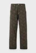 Dunkelgrüne Hosen mit dezentem Blumenmuster, Knopfverschluss vorne, Taschen und umgeschlagenen Säumen.