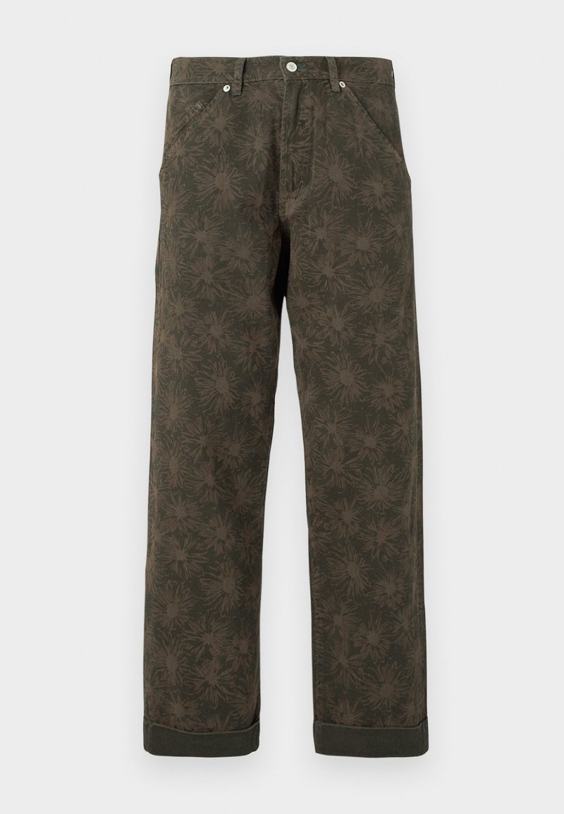 Dunkelgrüne Hosen mit dezentem Blumenmuster, Knopfverschluss vorne, Taschen und umgeschlagenen Säumen.