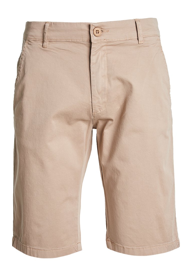 Beige Baumwollshorts mit geradem Schnitt, Knopfverschluss und zwei Seitentaschen. Verfügt über einen einfachen Saum und keine sichtbaren Muster oder Akzente.
