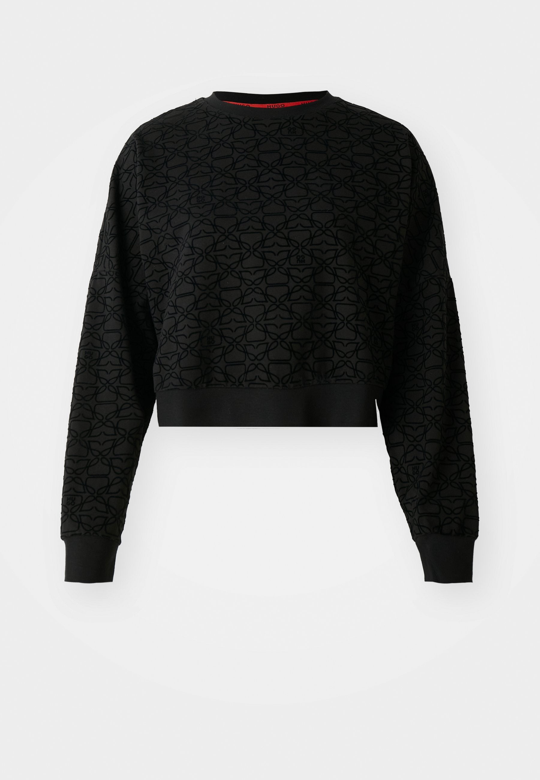 Schwarzer, verkürzter Pullover mit strukturiertem Blumenmuster, gerippten Bündchen und einem Halsausschnitt. Weicher Stoff mit lockerer Passform und langen Ärmeln.