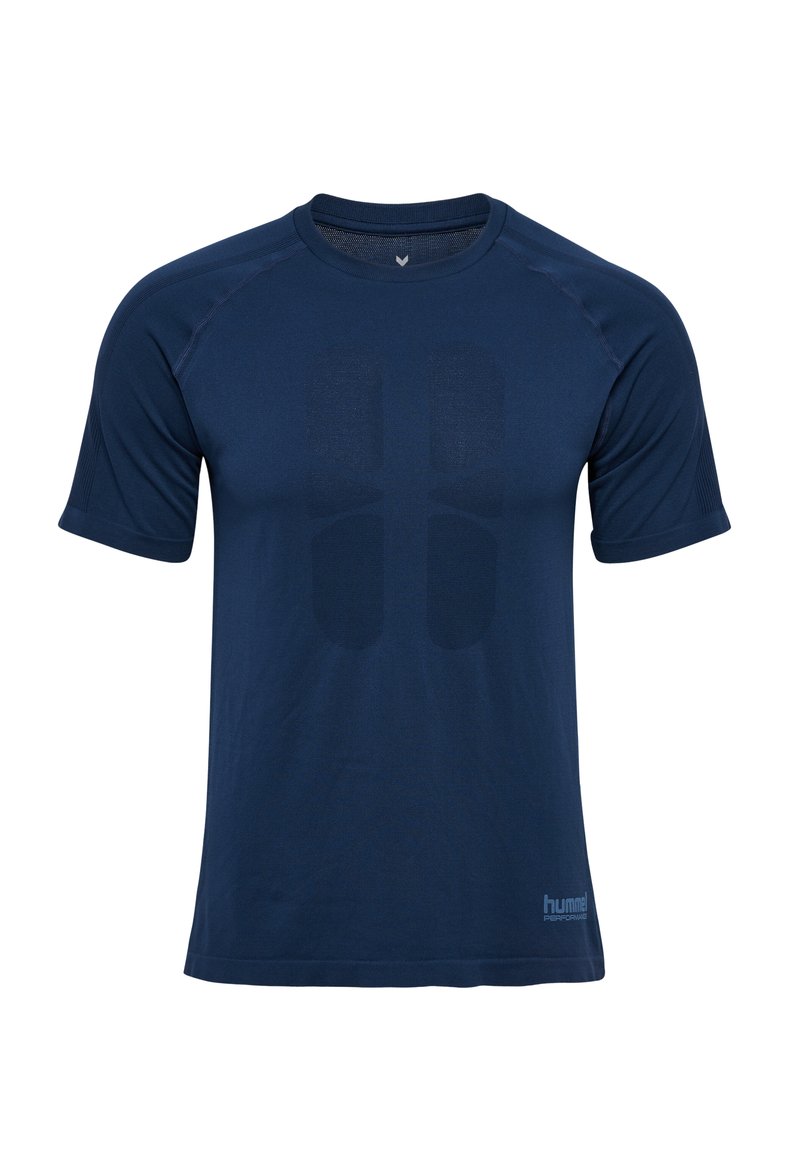Dunkelblaues Sport-T-Shirt mit kurzen Ärmeln, das ein strukturiertes Design auf der Vorderseite und einen Rundhalsausschnitt aufweist. Hergestellt aus atmungsaktivem Stoff.