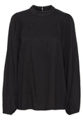 Schwarze Bluse mit langen Ärmeln und hohem Ausschnitt, mit einem texturierten Diamantmuster und gerafften Ärmeln, abgeschlossen mit einem Schlüssellochverschluss im Rücken.
