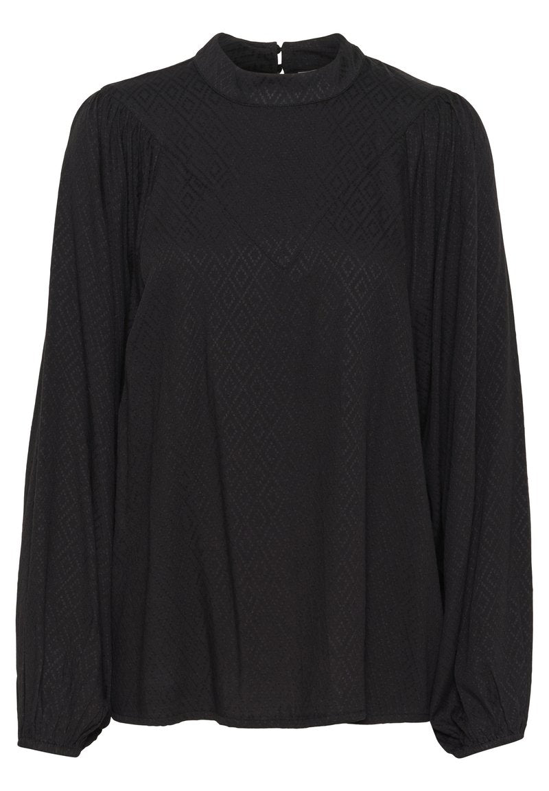 Schwarze Bluse mit langen Ärmeln und hohem Ausschnitt, mit einem texturierten Diamantmuster und gerafften Ärmeln, abgeschlossen mit einem Schlüssellochverschluss im Rücken.