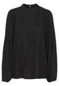 Schwarze Bluse mit langen Ärmeln und hohem Ausschnitt, mit einem texturierten Diamantmuster und gerafften Ärmeln, abgeschlossen mit einem Schlüssellochverschluss im Rücken.