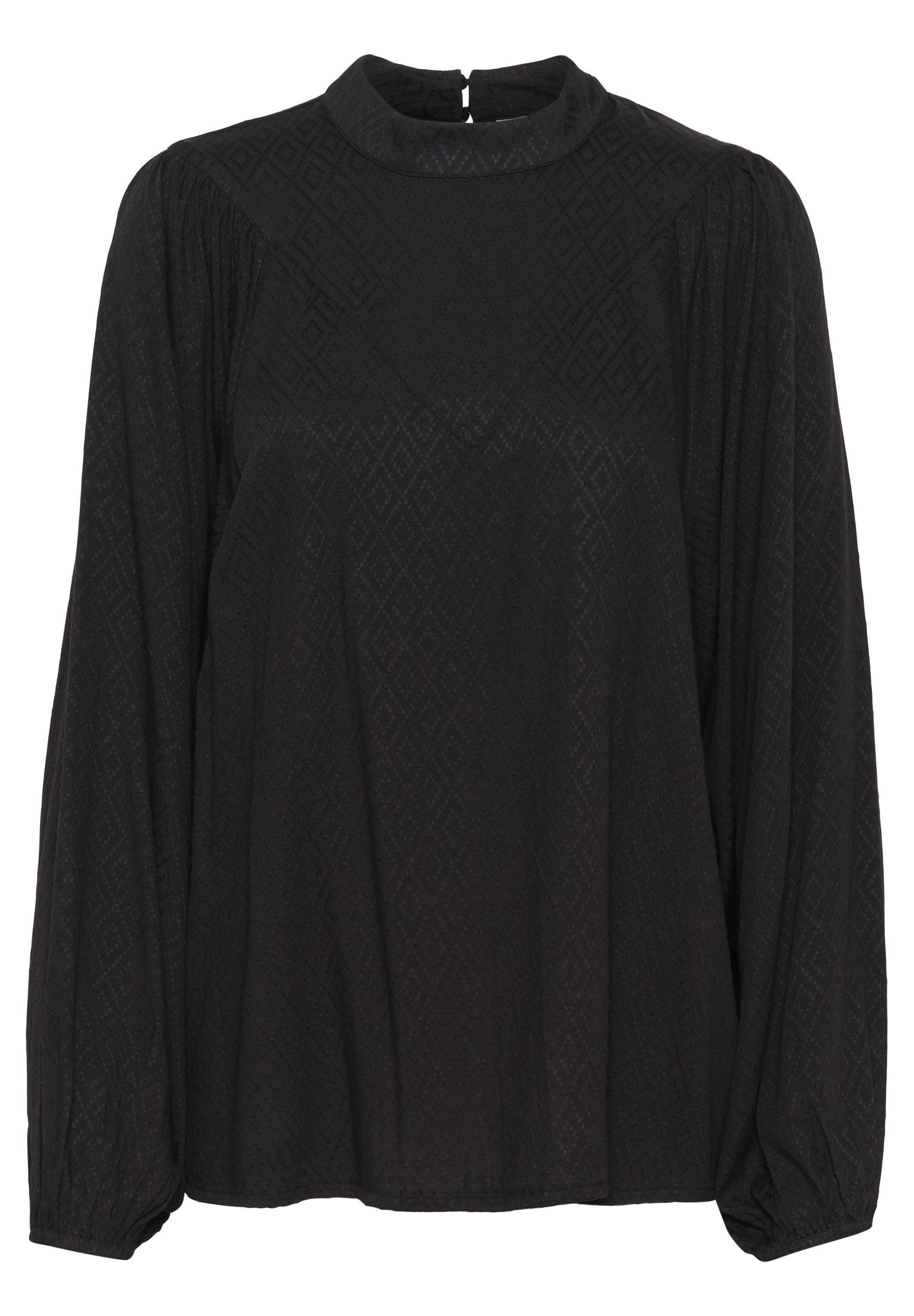 Schwarze Bluse mit langen Ärmeln und hohem Ausschnitt, mit einem texturierten Diamantmuster und gerafften Ärmeln, abgeschlossen mit einem Schlüssellochverschluss im Rücken.