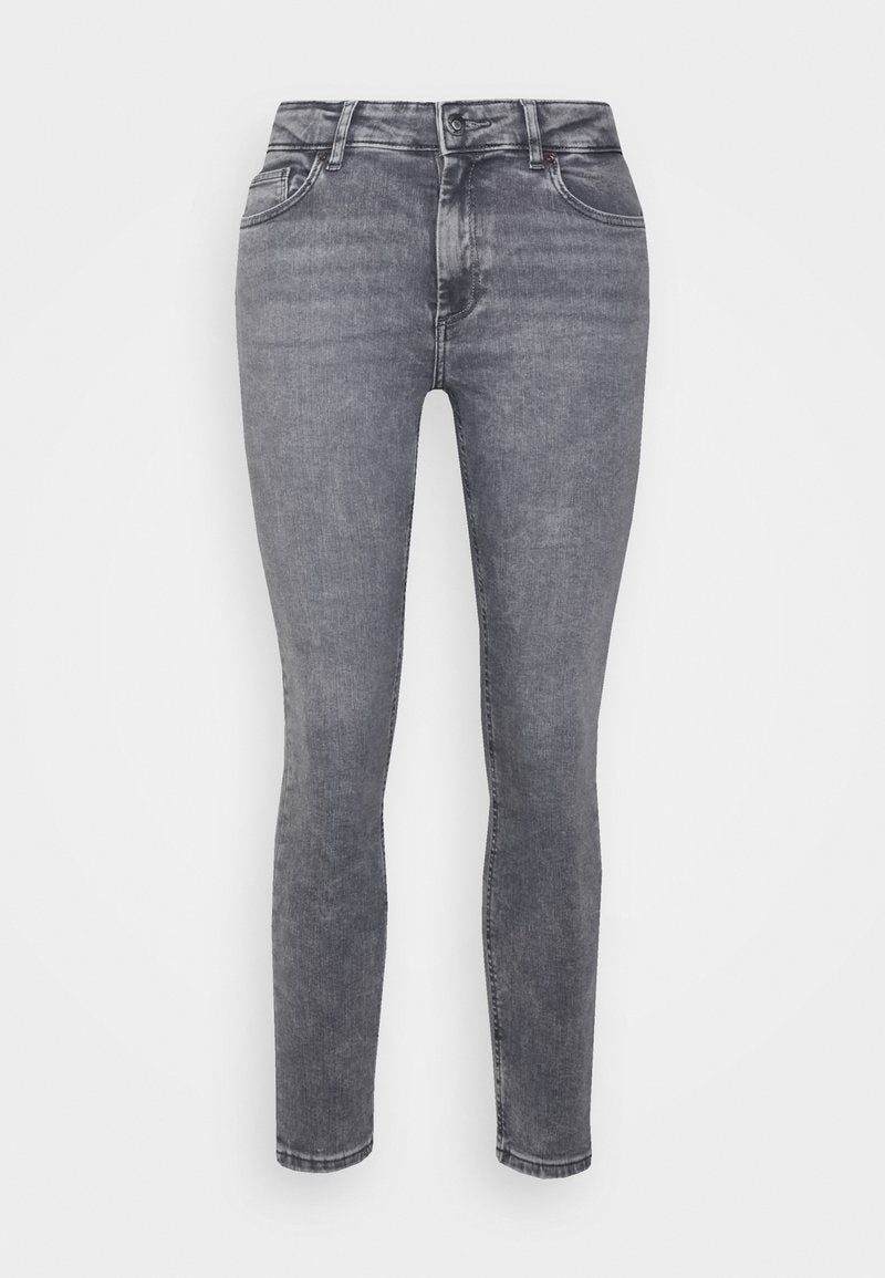 Graue Skinny-Jeans aus Denim mit mittelhoher Taille, Fünf-Taschen-Design, dezenten Ausbleichungen und einer glatten Textur.